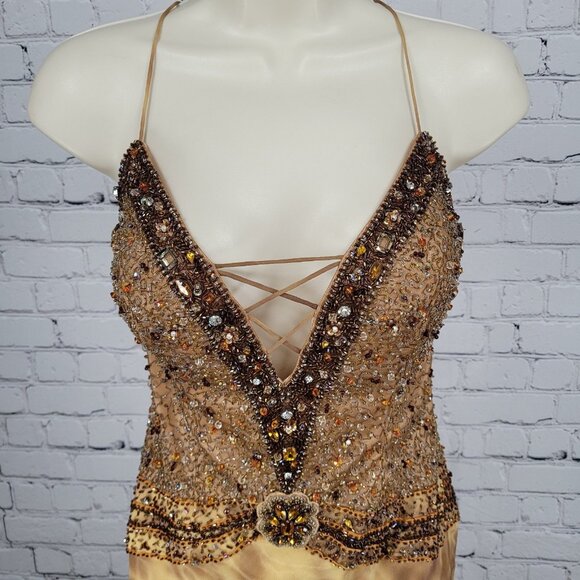 NWD Morell Maxie Brown Silk Chiffon Beaded Rhinestone Strappy Dress 8 - Picture 9 of 16